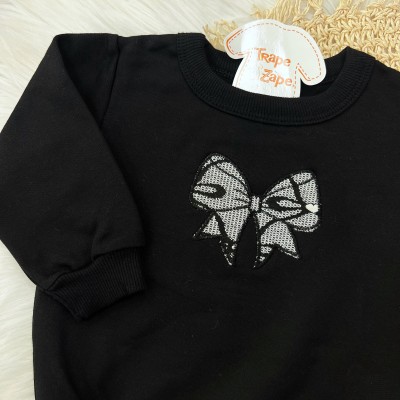 Conj. Casaco de Moletom Laço e Calça Legging Corações - Preto